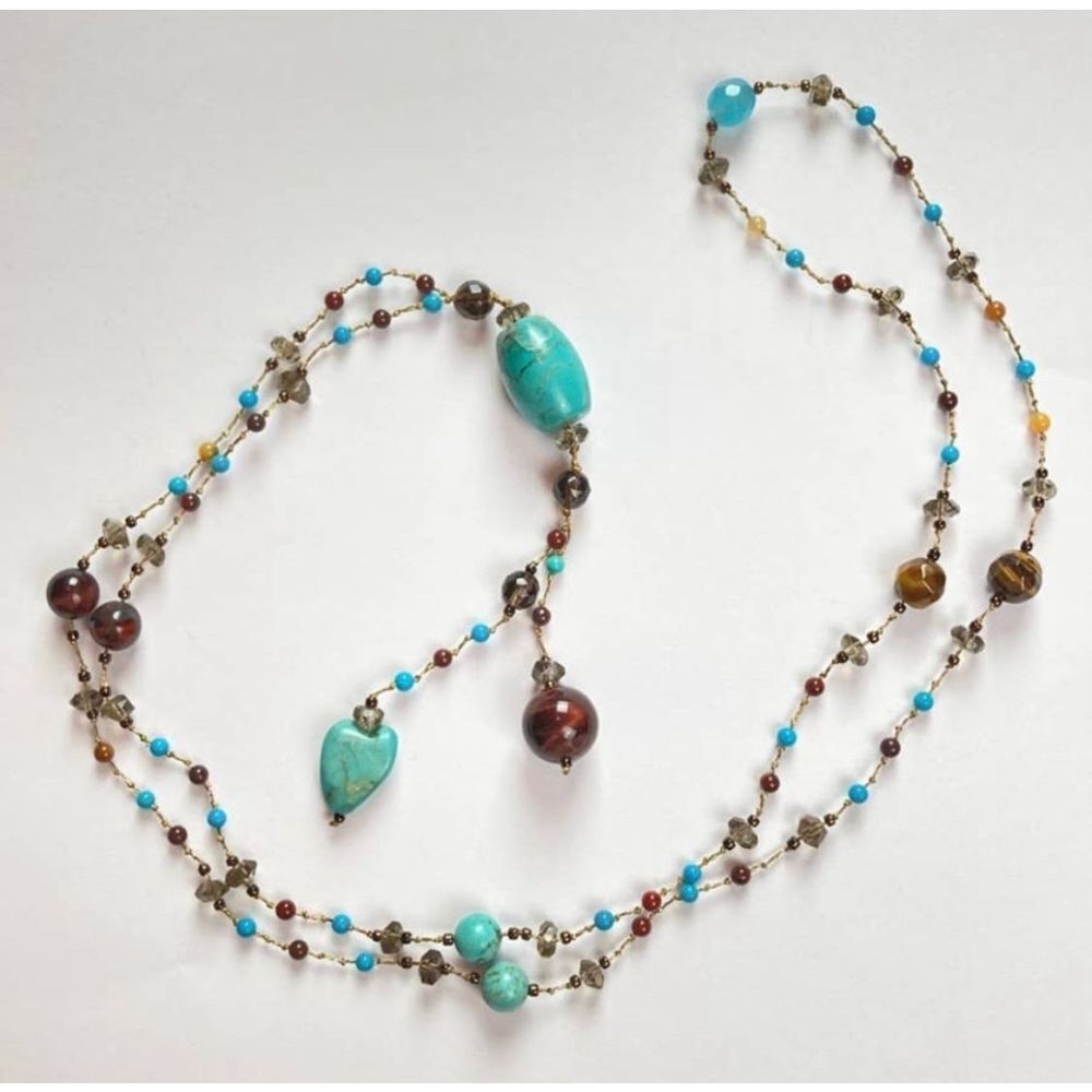 Turquoise And Red Tigers Eye Long Necklace